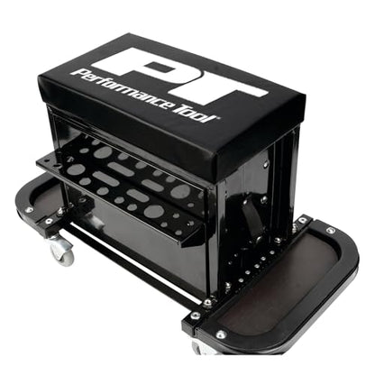 Performance Tool W85025 3-Drawer Rolling Tool Chest Seat With Magnetic Side Trays, Black