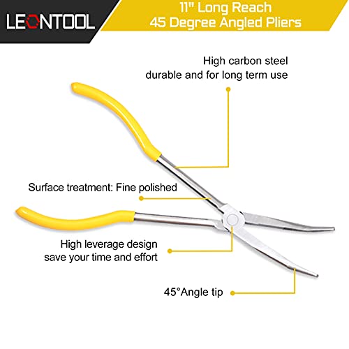 11-Inch Long Reach Bent Nose Pliers with Serrated Jaws 45 Degree Angled Needle Nose Plier Angled Pliers, Long Reach Plier for Hard to Reach Narrow Spaces & Limited Clearance Areas - style: 45 Degree angled pliers