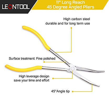 11-Inch Long Reach Bent Nose Pliers with Serrated Jaws 45 Degree Angled Needle Nose Plier Angled Pliers, Long Reach Plier for Hard to Reach Narrow Spaces & Limited Clearance Areas - style: 45 Degree angled pliers