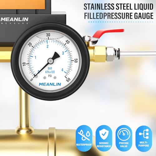 MEANLIN MEASURE 0~60Psi Stainless Steel Liquid Filled Pressure Gauge 1/4" NPT 2.5" FACE DIAL with Rubber Protective Sleeve, Center Back Mount - size: 0-60Psi
