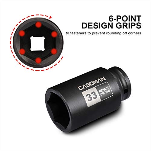CASOMAN 1/2" Drive x 33 mm Deep 6 PT Impact Socket, CR-MO, 1/2-inch Drive 6 Point Axle Nut Socket for Easy Removal of Axle Shaft Nuts (33MM) - size: 33 mm (Deep), style: 6-Point Socket