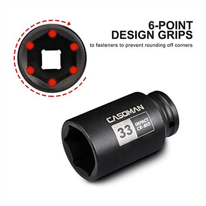 CASOMAN 1/2" Drive x 33 mm Deep 6 PT Impact Socket, CR-MO, 1/2-inch Drive 6 Point Axle Nut Socket for Easy Removal of Axle Shaft Nuts (33MM) - size: 33 mm (Deep), style: 6-Point Socket