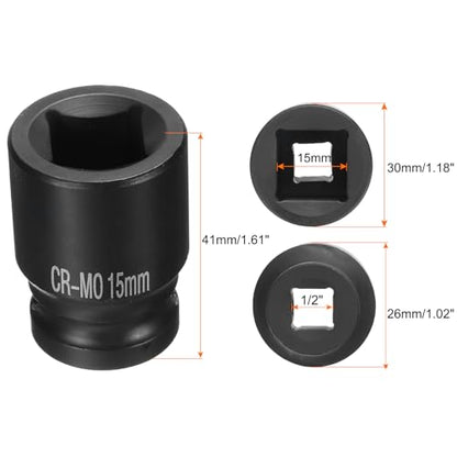 HARFINGTON 4 Point Square Socket 1/2" Drive 15mm Metric Square Impact Socket CR-MO Blackening Standard Wheel Sockets Pneumatic Socket Tool for Auto Repair Mechanical Maintenance Home Use - size: 15mm