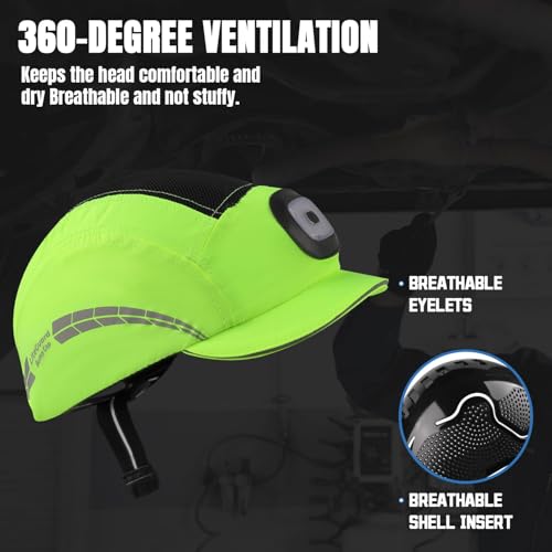 UM ULTRAMAXX Lightweight Bump Cap with Reflective Stripes, Breathable Baseball Cap Style, Head Protection Hard Hat for Men Women - color: Lime with Led Light