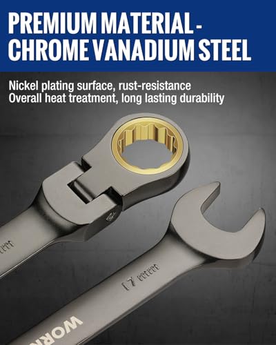 WORKPRO 8-piece Flex-Head Ratcheting Combination Wrench Set, Metric 9-17 mm, 72-Teeth, Cr-V Constructed, Nickel Plating with Organization Bag - size: Metric, style: Nickel Plating
