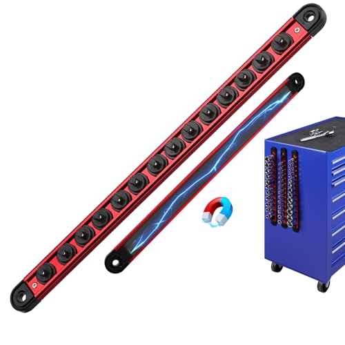 1/4-Inch Magnetic Socket Organizer Rail, Aluminum Alloy Socket Rail, Heavy Duty Sockets Holder with 14 Clips, 360° Swivel Clip Tool Tray, Sockets Organizer for Tool Box Drawer (Red) - style: Red 1/4-inch
