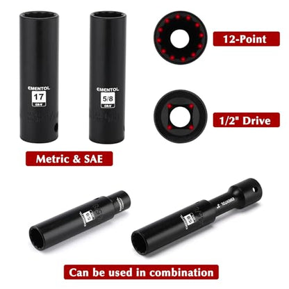 EMENTOL 32PCS 1/2" Drive Socket Set, Deep Impact Sockets, SAE(3/8"-1") and Metric(10-24mm), Including Extension Bars, Universal Joint, Drill&Socket Adapter, 12 Point Design, Cr-V Steel - size: 1/2" Drive Metric(10-24mm) & SAE(3/8"-1"),Deep
