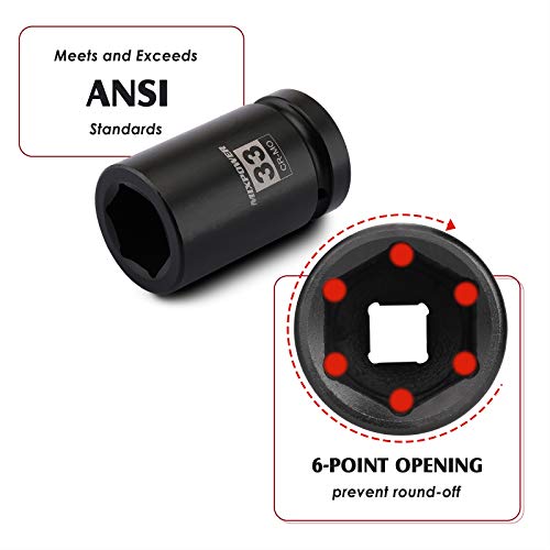 MIXPOWER 1 Inch Drive Deep Impact Socket, CR-MO, 33mm, 6 Point, Radius Corner Design, Chamfered Opening, Axle Nut Impact Grade Socket for Easy Removal - size: 33mm (1 Piece)