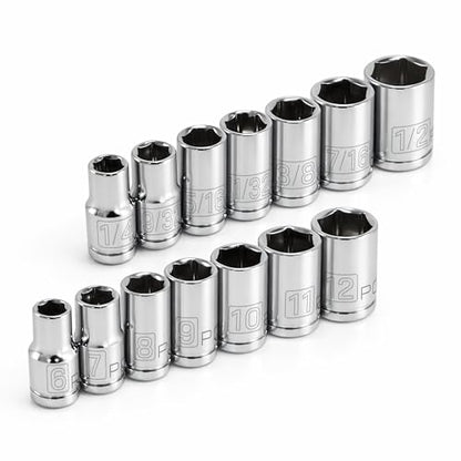 Powerbuilt 14 Piece Metric and SAE Shallow Socket Set, 1/4-Inch Drive, 6 Point, Dual Grease Rings, Size Markings - 640087 - size: Metric and SAE