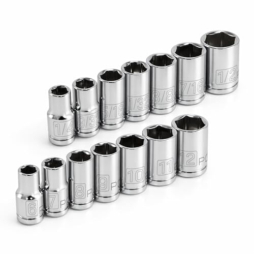Powerbuilt 14 Piece Metric and SAE Shallow Socket Set, 1/4-Inch Drive, 6 Point, Dual Grease Rings, Size Markings - 640087 - size: Metric and SAE