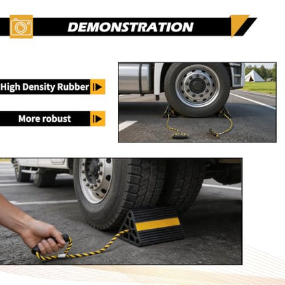 Vacallity Solid Rubber Wheel Chock for Travel Trailers Camper RV Truck Car, Sturdiness Heavy Duty Simple Easy to use, Tires Chock Block Stopper with Nylon Rope Yellow Reflective Tape - size: 8.2" 1pair