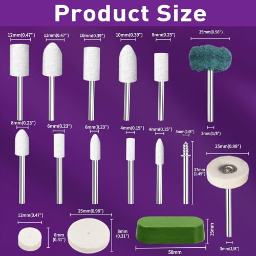 114 PCS Polishing Bits for Dremel, Abrasive Buffing Wheels 1/8 Inch Shank with 3Pcs Polishing Compound, Polishing Kit Rotary Tool Accessories for Metal Wood Watch Jewelry Glass Brass - style: 117 PCS