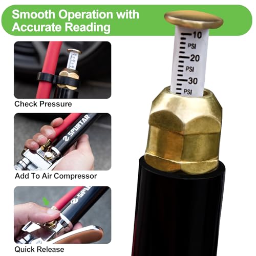 Spurtar 10-120 PSI Tire Pressure Gauge with Inflator Heavy Duty | Air Chuck Pressure Gauge with 4 Way Tool Valve Cores Air Compressor Attachments Tire Inflator Nozzle for Car Automotive Truck