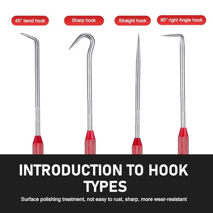 2PCS Hook & Pick Set Puller Remover, Rust-resistant Metal Automotive Oil Seal Removal Tool Kits, Anti-slip O-ring Seal Pick Tools, Universal for Most Cars (Red)