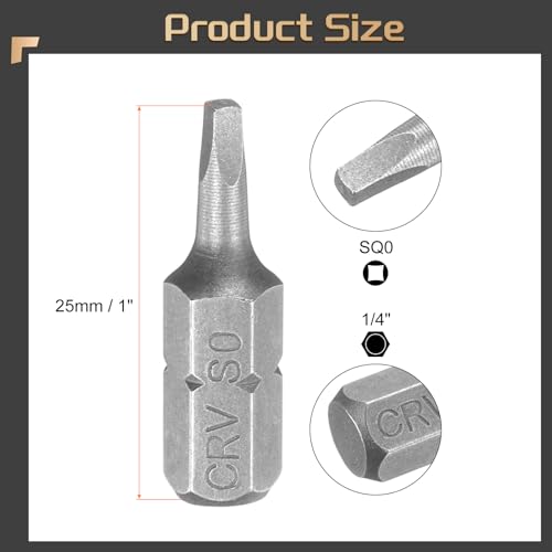 HARFINGTON 10pcs Square Head Screwdriver Bits 1/4" Hex Shank SQ0 Magnetic Head 1" Length CR-V Steel Screw Driver Drill Bit for Repair Work Electric Screw Driver - size: SQ0