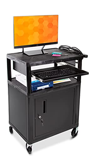 Line Leader Plastic AV Cart with Keyboard Tray and Locking Metal Cabinet, Heavy Duty Mobile Workstation with 4 Rolling Casters, 2 Locking Brakes, Heavy Duty, Holds up to 100 lbs (34 Inch w Cabinet) - color: 2 Shelves W/ Cabinet & Keyboard Tray