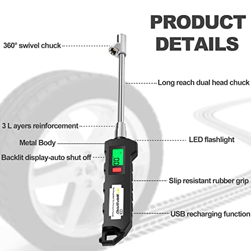 ATsafepro Chrome Plated Steel Dual Head Tire Inflator - 150 PSI, Backlight LCD & Flashlight, Rechargeable for Semi, Truck, RV & Cars