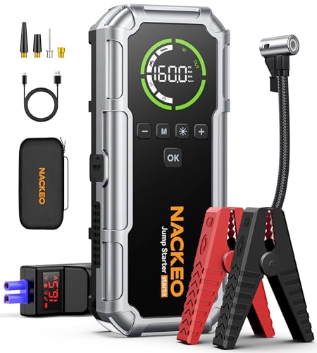 Car Battery Jump Starter with Air Compressor 8000A 160PSI, Car Jumper Starter Portable (All Gas/10L Diesel), Jump Starter Jump Box with Jumper Cables, LED Light, Large LCD Display, Power Bank