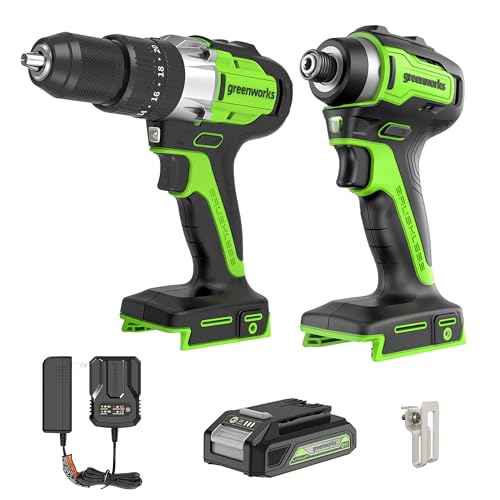 Greenworks 24V Brushless 2PCS Cordless Power Tool Combo Kit, 1950 in-lbs Impact Driver and 530 in-lbs Hammer Drill, with a 2Ah Battery and 2A Fast charger - size: 2PCS Combo Kits(Hammer Drill+Driver)