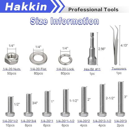 252Pcs 1/4-20 Hex Bolts and Nuts Kit, Stainless Steel Nuts and Bolts Assortment Kit, Fully Threaded Hex Bolt 1/4-20 x 1/2”, 3/4”, 1”, 1-1/2”, 2”, 2-1/2”, 3” Screws Nuts Flat Lock Washer Kit Hakkin - size: L 1/4-20 Hex Bolts Silver 252pcs