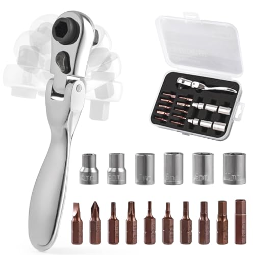 Mini ratchet screwdriver Set, Right Angle Screwdriver set with 1/4 Mini Flex Ratchet Wrench and Bits Sockets for Tight Spaces(Ratchet wrench with bits and socket)