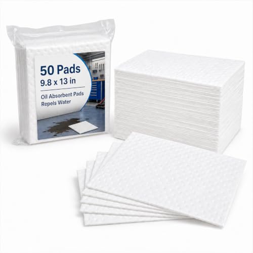 50 Pack Oil Absorbent Pads, Polypropylene oil Spill Mat 9.8 x 13 Inch Repels Water White Oil-Only Absorbing Protecting Sheets Garage Accessories for Automotive, Tools, Workshop & Storage Areas - color: White, 50 Pcs