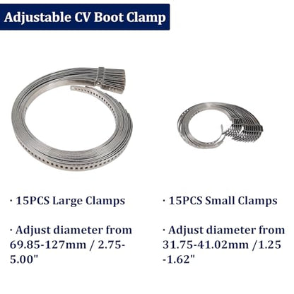 CV Boot Clamp Pliers Tool with 30 Pcs CV Boot Clamp Kit, 15PCS Large and 15PCS Small, Universal Adjustable Axle Clamps Tool Kit