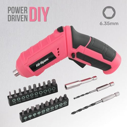 Hi-Spec 42pc Pink 4V USB Electric Power Driver & Household Tool Kit. Cordless Power Screwdriver and Hand Tools in a Compact Box Case - color: Light Pink