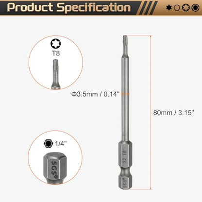 HARFINGTON 5pcs T8 Torx Head Screwdriver Bit 1/4" Hex Shank 3.15" (80mm) Long Magnetic No Hole Tip Tamper Proof 6 Point Star Screw Driver Drill Bits S2 Steel Industrial Power Screwdrivers - size: T8 x 3.15"(80mm)