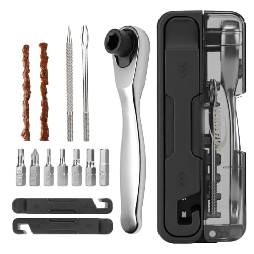 Compact Bike Repair Tool Kit with Bidirectional Ratchet Wrench & 7 S2 Bits | All-in-one portable design, bidirectional ratchet wrench, 7 magnetic s2 steel bits, high-tack vulcanized tire strips