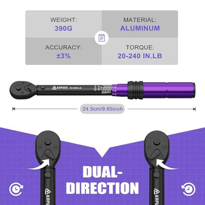 ANPUDS 1/4 Inch Drive Click Torque Wrench, 20-240 in.lb/2.3-27.1 Nm | Aluminum Adjustable Inch Pound Tool with 72 Tooth, Dual Range Scales, Small Bike Torque Wrench for Bicycle Maintenance - size: 1/4" 20-240 in.lb/2.3-27.1 Nm