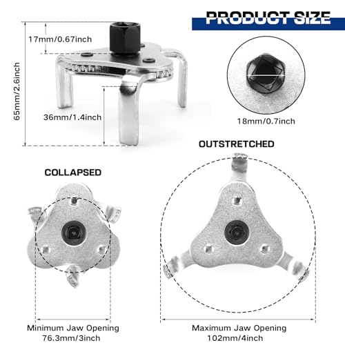 vvag Adjustable Oil Filter Wrench Tool, 3 Jaw 2 Way Oil Filter Remover for 2.5-4.5 Inch, Universal Oil Filter Tool Compatible with Toyota/Trucks/Cars, Automotive Filter Removal Wrench