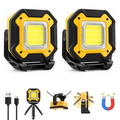 2-Pack 6000mAh Rechargeable LED Work Light, 16Hrs Long-Lasting 1200LM Waterproof Magnetic Job Site Lighting, 180° Rotating 4 Modes 6500K Work Lamp for Car Repair Mechanic Camping Fishing Emergency - color: Yellow