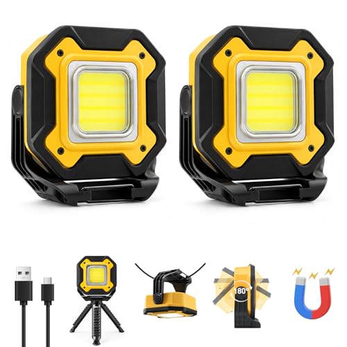2-Pack 6000mAh Rechargeable LED Work Light, 16Hrs Long-Lasting 1200LM Waterproof Magnetic Job Site Lighting, 180° Rotating 4 Modes 6500K Work Lamp for Car Repair Mechanic Camping Fishing Emergency - color: Yellow