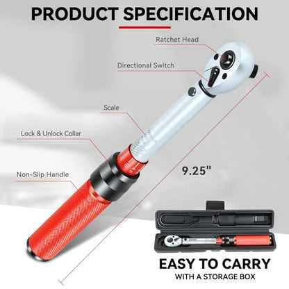 Auto Dynasty 1/4 Inch Dual-Scale Reversible Ratchet Wrench Set 20-200in.lb/2.26-22.6 n.m with Quick Release and Accurate Torque Control - Perfect for Cars, Bikes, and Machinery Maintenance - size: 1/4 Inch-200in.lb