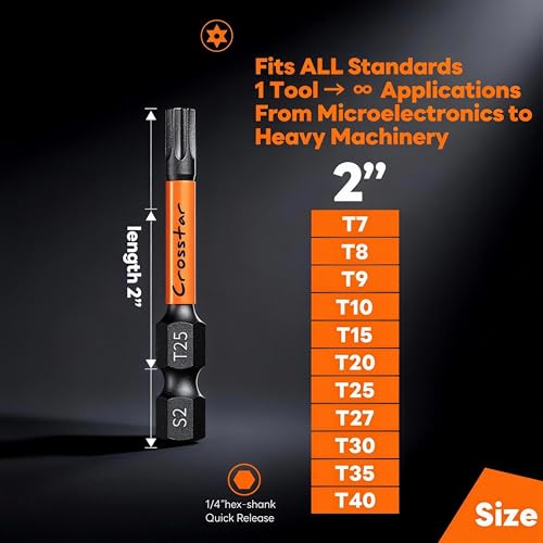 Crosstar 20 Pcs TT25 Impact Torx Bit Set, S2 Steel Magnetic Security Star Bits, Tamper Proof Torx Screwdriver Bits with CNC Tips for Drill/Driver, Automotive, Woodworking & Home Repair - size: T25 (2IN)
