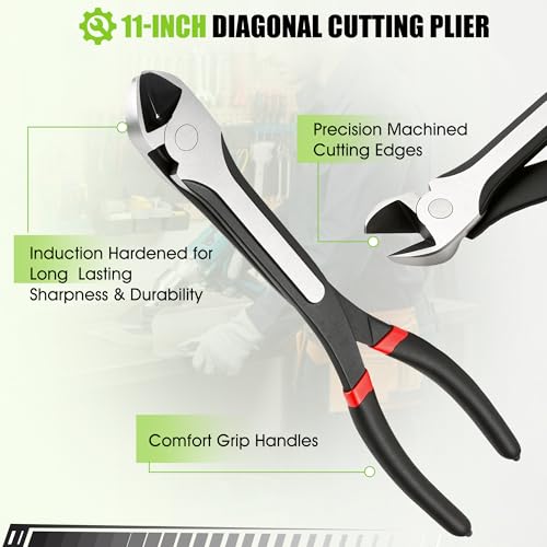 TOOLEAGUE 11" Diagonal Cutting Nose Plier, Non-Slip Grip, Straight Extra Long Diagonal Wire Cutters for Electrical, Home Repairing,Jewelry Making and Mechanics - size: 1pc,11"Diagonal Cutting Nose Plier