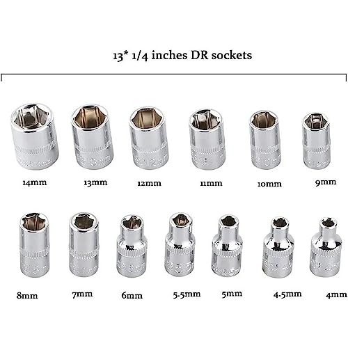46 Pcs 1/4” Drive Socket Ratchet Wrench Set with Storage Case, Includes Metric Bit Socket Set and Extension Bar for Auto Repair and Home Maintenance - size: 1/4” Drive 46Pcs
