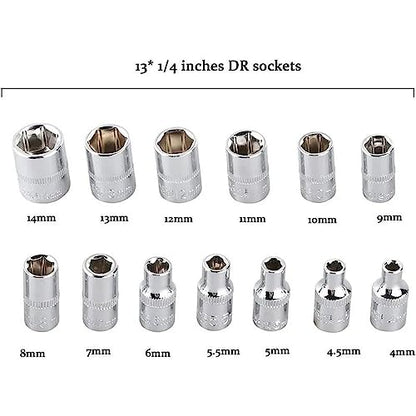 46 Pcs 1/4” Drive Socket Ratchet Wrench Set with Storage Case, Includes Metric Bit Socket Set and Extension Bar for Auto Repair and Home Maintenance - size: 1/4” Drive 46Pcs