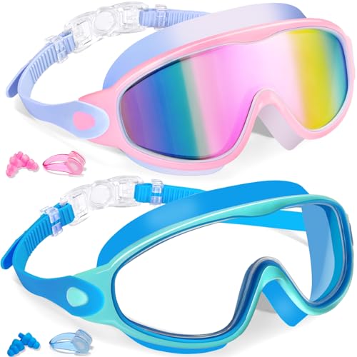 Keary 2 Pack Kids Swim Goggles for 3-15 UV Protection Anti-Fog Pool Water Swimming Goggles for Boys Girls Youth Toddler - color: Pink Mirrored & Cyan Blue