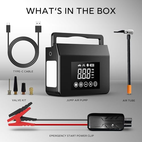 Hieha 4000A Jump Starter with Air Compressor, 12V Car Battery Jumper Starter Portable Booster for Dead Batteries, 150PSI Tire Inflator for Cars, Trucks & SUVs, USB-C Fast Charging Power Bank