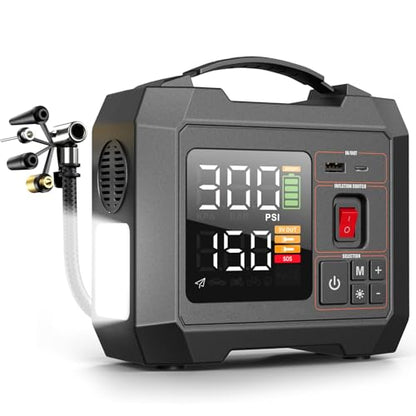 Portable Heavy-Duty Tire Inflator for Pickup Truck,RV, 300PSI Air Compressor, 9X Faster Inflator with 3.7 inch Digital Gauge. 5 Safety Protections and Cooling System for Truck, SUV, Cars (Dark Black)
