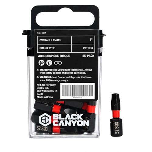 BLACK CANYON SQ3 Impact Square Bits, 25-Pack, 1-Inch Length, 1/4-Inch Hex Shank, S2 Steel Construction, Magnetic Tip for Impact Drivers, Drills & Power Tools - size: 25 Pack, style: SQ3