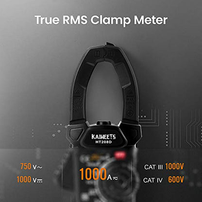 KAIWEETS HT208D Inrush Clamp Meter 1000A True RMS AC/DC Current Amp Meter, VFD, LOZ Mode, 6000 Counts, Measures Current Voltage Temperature Capacitance Resistance Diodes Continuity Duty-Cycle - size: HT208D