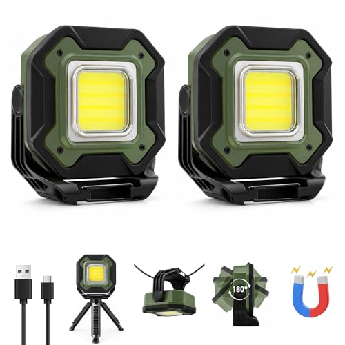 2-Pack 6000mAh Rechargeable LED Work Light, 16Hrs Long-Lasting 1200LM Waterproof Magnetic Job Site Lighting, 180° Rotating 4 Modes 6500K Work Lamp for Car Repair Mechanic Camping Fishing Emergency - color: Green