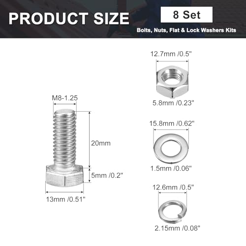 uxcell M8 x 20mm Hex Head Screws Bolts, Nuts, Flat & Lock Washers Kits, 304 Stainless Steel Fully Thread Hexagon Bolts 8 Sets - size: M8 x 20mm