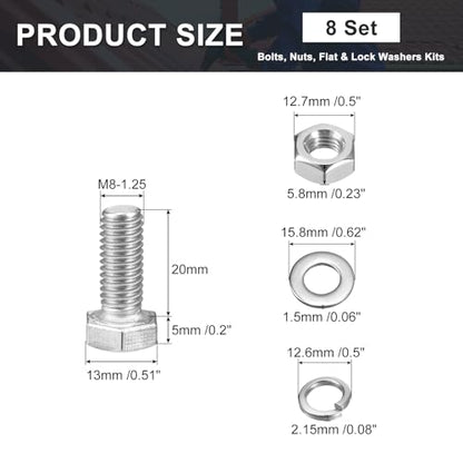 uxcell M8 x 20mm Hex Head Screws Bolts, Nuts, Flat & Lock Washers Kits, 304 Stainless Steel Fully Thread Hexagon Bolts 8 Sets - size: M8 x 20mm