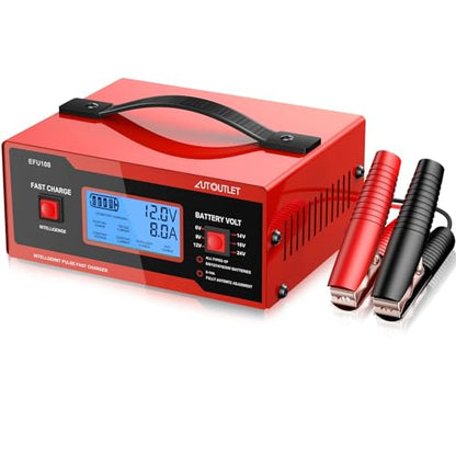 AUTOUTLET Upgraded 8 Volt Battery Charger for Golf Cart Automotive Battery Charger and Maintainer 0-14A with Cable Clamps for 6/8/12/14/16/24V Lead-Acid Batteries - color: Red