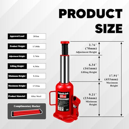 Hydraulic Bottle Jack with Color Box, 20 Ton (40,000 lb) Capacity 9.2-17.9 inch Lifting Range, Muti-Directional Welded Bottle Car Jack for Car, Truck, RV, Pickup Truck, Auto Repair - size: 20 Ton