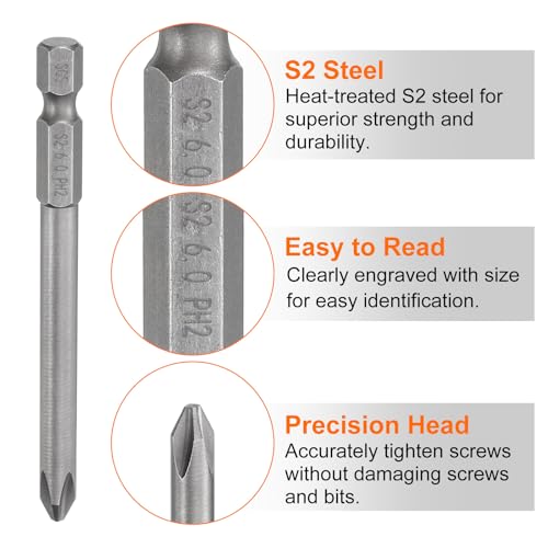 HARFINGTON 5pcs #2 Phillips Screwdriver Bit PH2 1/4" Hex Shank 3.15" (80mm) Long Magnetic S2 Steel Industrial Grade Screw Driver Bit Cross Head Electric Drill Bits 0.236" (6mm) Rod - size: PH2 x 80mm x 6mm